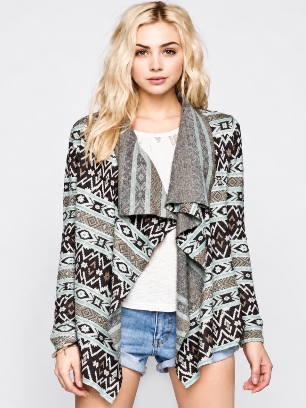 Billabong Geometric Waterfall Open Front Knit Cardigan Mint Black Medium
